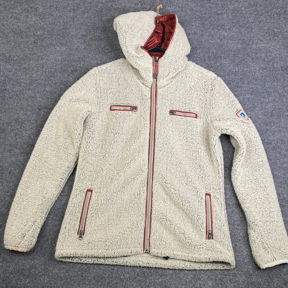 Kuhl Flight Hoody Jacket Womens Medium Cream Sherpa Fleece Full Zip Red Trim